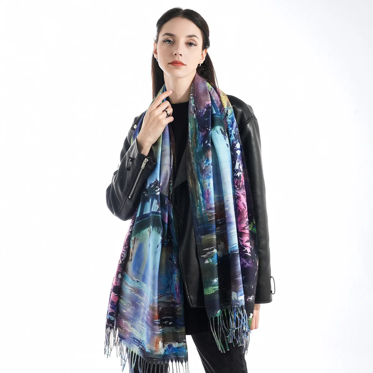 A women\'s multi-color imitation cashmere oil painting style digitally printed long tassel scarf and shawl