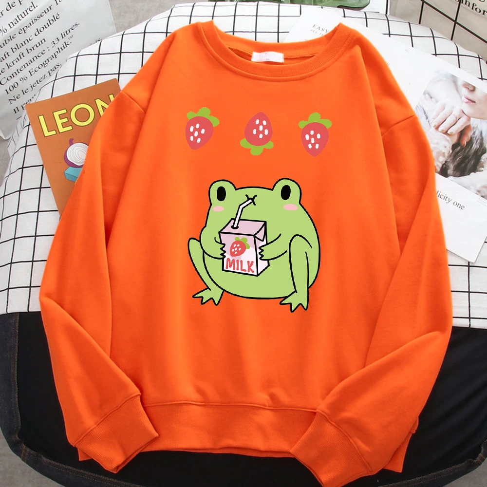 Casualwomens Pullovers Green Frog Who Loves Drinking Strawberry-Flavored Milk Print Hoodies Loose Sweatshirts Warm Fleece Tops