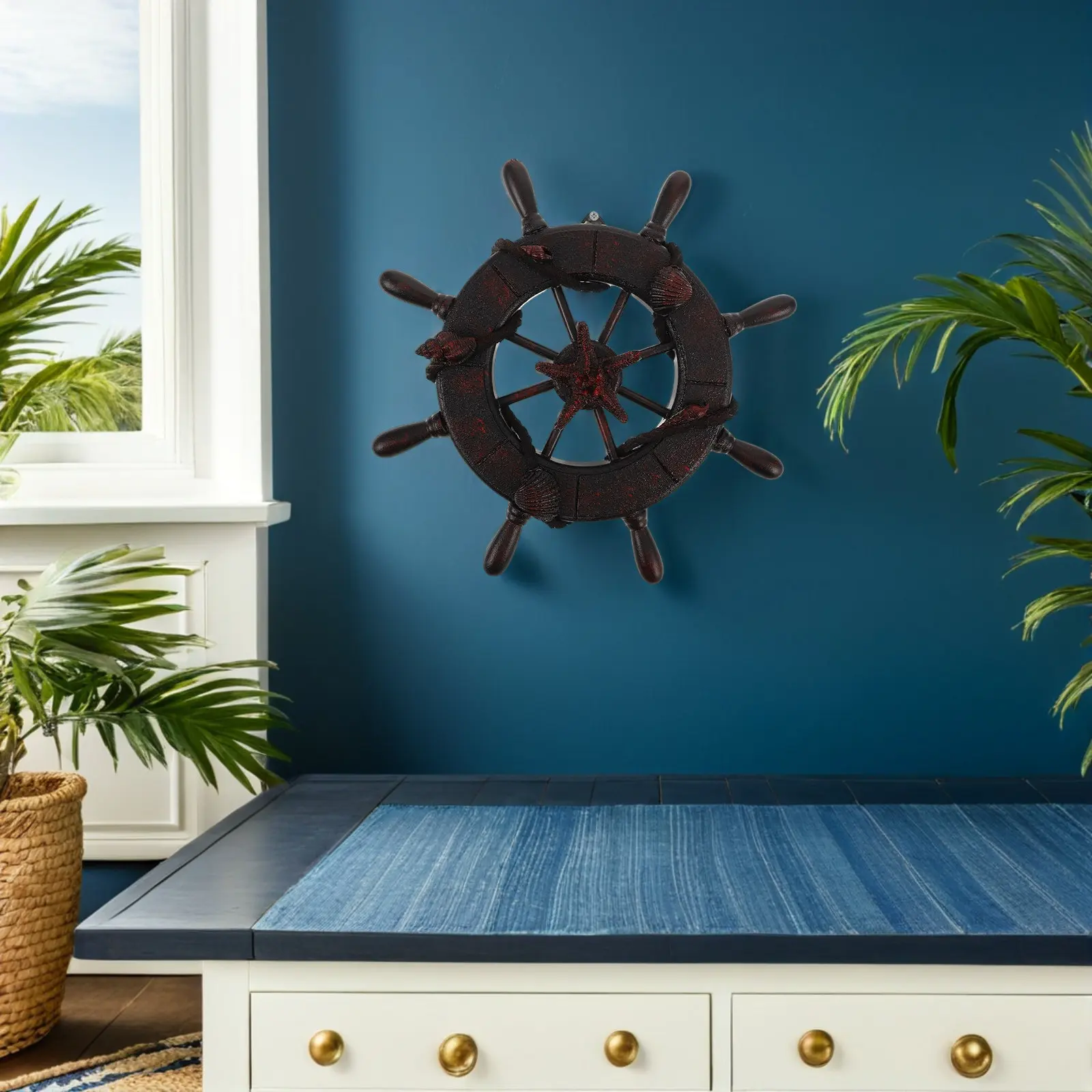 Wooden Nautical Mediterranean Style Ship Rudder Wall Decor Beach Steering Wheel Hanging Ornament for Coastal Bathroom Beach