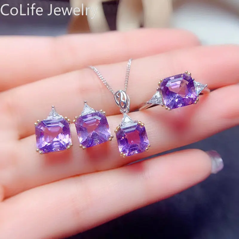 

VVS Natural Amethyst Jewelry Set for Office Woman Solid 925 Silver Total 10ct Amethyst Ring Earring Pendant Gift for Wife