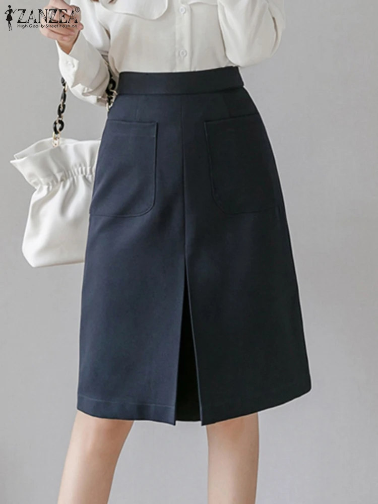 

ZANZEA 2024 Elegant Women High Waist Knee-length Skirts Korean Fashion Inverted Pleat Solid Faldas Mujer Commute Office Jupes