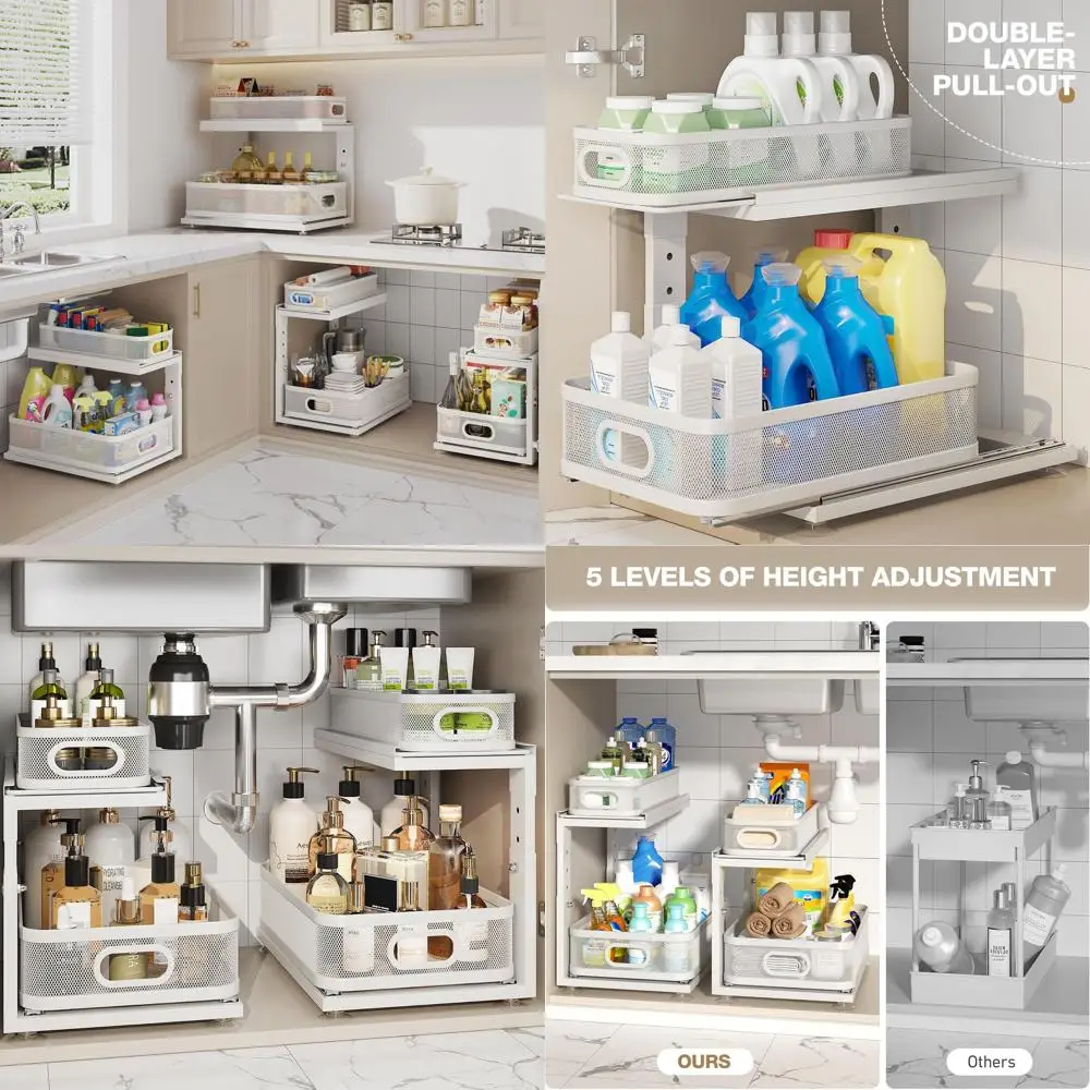 

2 Pack Under Sink Organizer With Next-Gen Ball-Bearing Slides,2-Tier Precision Mesh Pull Out Cabinet Drawers Storage for Bathroo
