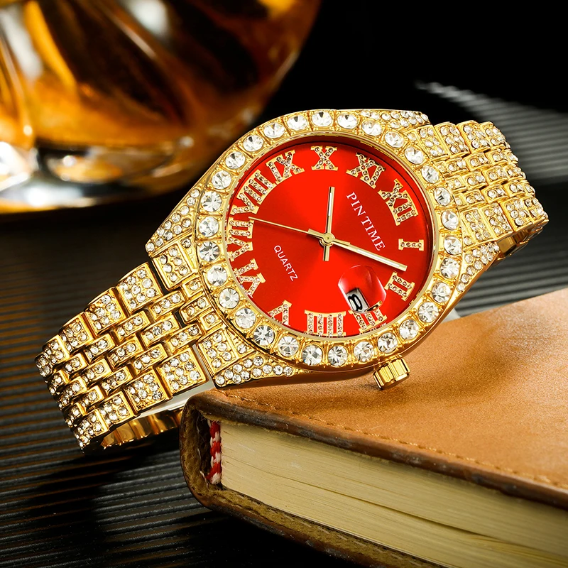 Top Brand PINTIME Luxury Starry Sky Star Dust Diamond Watch Quartz Gold Hip Hop Bling Iced Out Watches Men