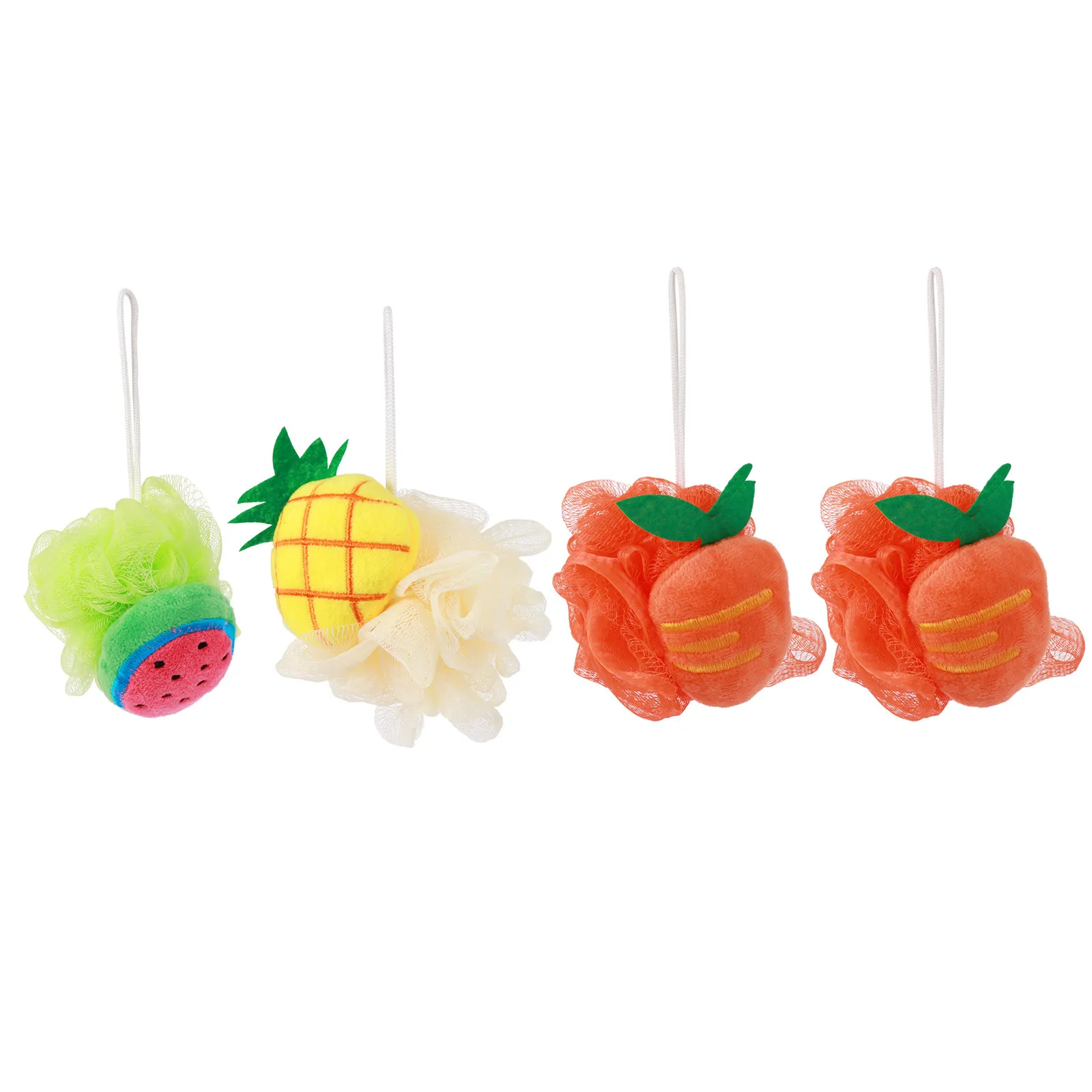 4Pcs Cartoon Fruit Shower Bath Balls Mesh Sponges Exfoliating Body Brush Hanging Rope for Family Travel Skin Care