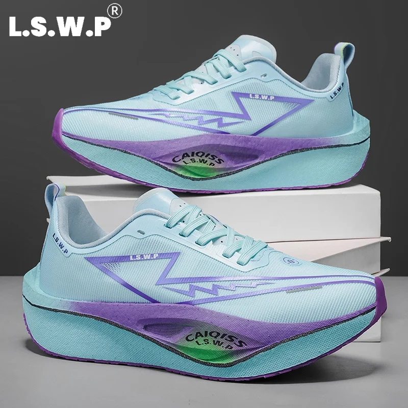 New Racing Carbon Plate Running Shoes for Men and Women, Thick-Soled, High-Elastic, Shock-Absorbing Sports Shoes, Breathable Mesh Marathon Professional Running Shoes, Lightweight, Non-Slip, Wear-Resistant Training Shoes, Outdoor Jogging Shoes for Teenagers and Students, Multi-Color Casual Shoes