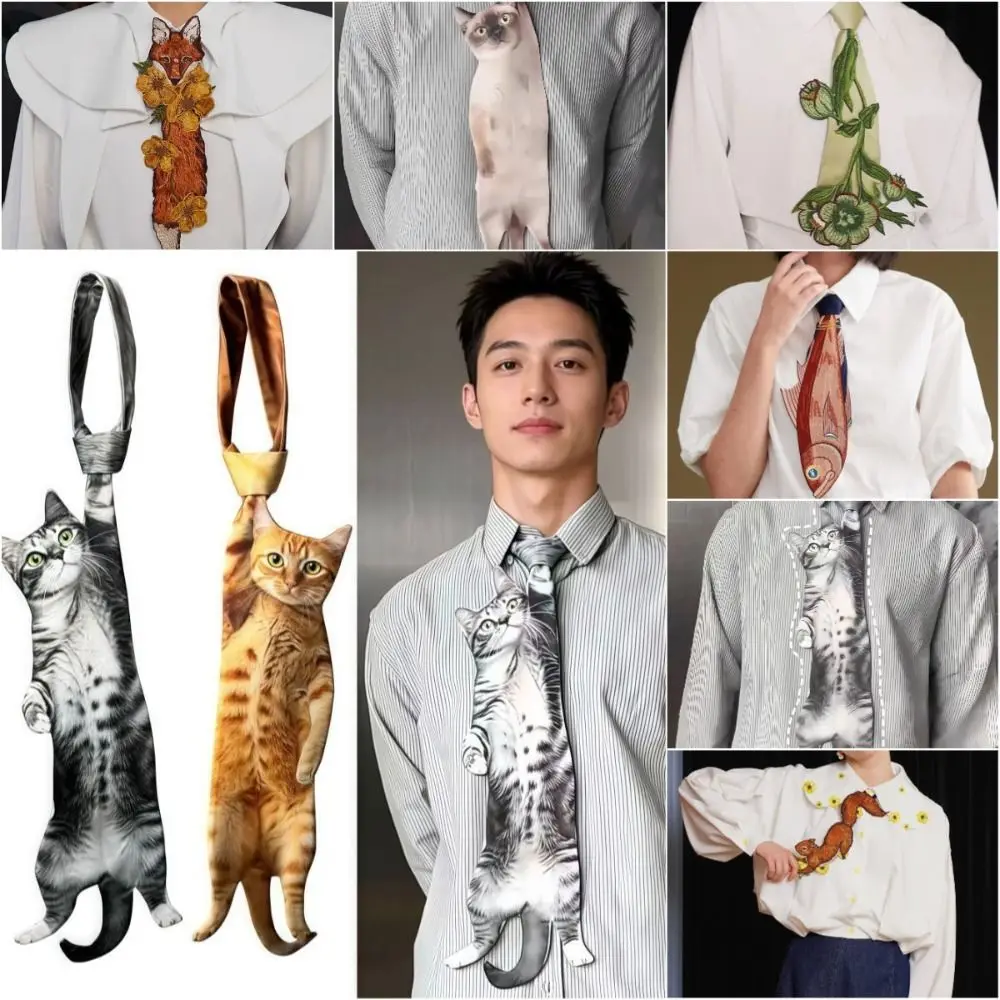 

Animal Pattern Fish-shaped Men's Tie 3D Cat Lifelike Kitten Necktie Satin Fabric Novelty Creative Neck Tie For Wedding and Party