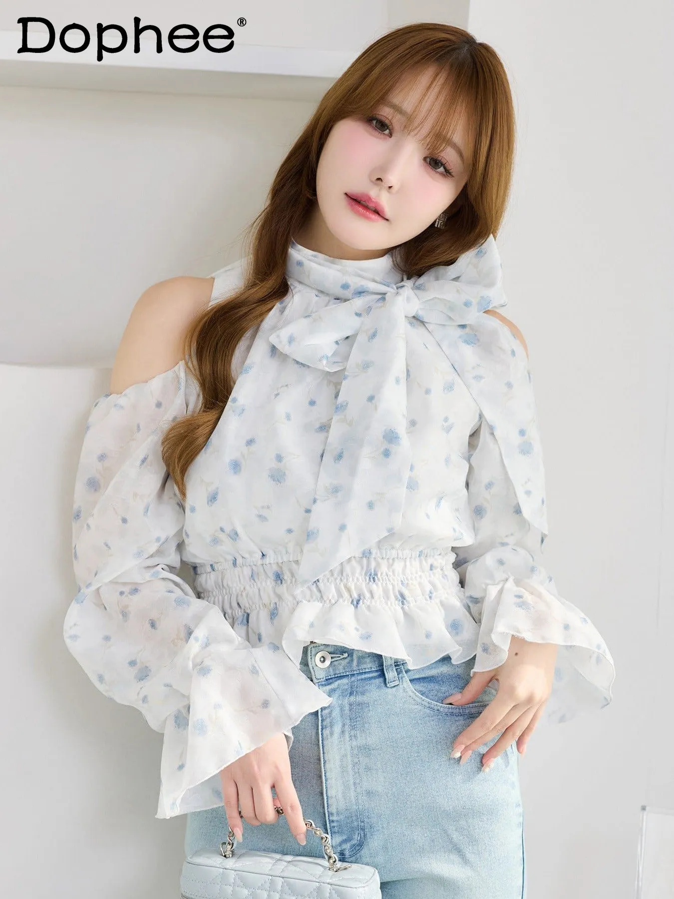 

Японская милая женская блузка с бантом и открытыми плечами, с длинным рукавом, весна 2026, новая, с цветочным принтом, универсальная, с завязками на талии