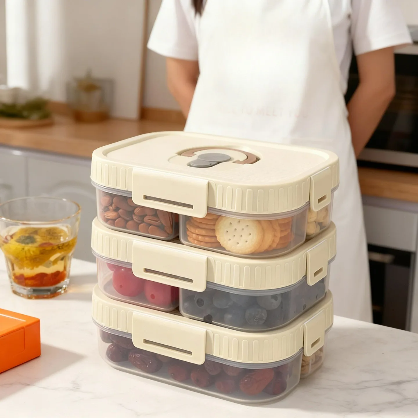 Lonchera Bento de Plástico de Gran Capacidad con Compartimentos, Reutilizable, Hermética, a Prueba de Humedad, Contenedor de Almacenamiento de Frutos Secos con Asa