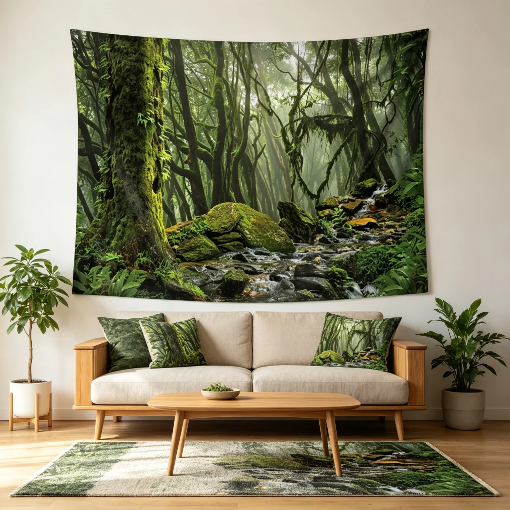 1 Misty Forest Creek View Printed Background Banner, Bedroom Living Room Photo Background, Polyester Fiber, Home Decoration