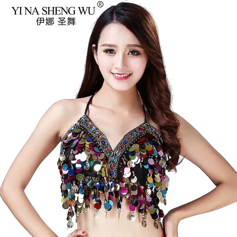 المرأة ملابس رقص البطن الترتر الصدرية الأعلى الكبار مثير عارية الذراعين قوس قزح الترتر شرابة السباغيتي حزام أعلى حجر الراين عملات أعلى