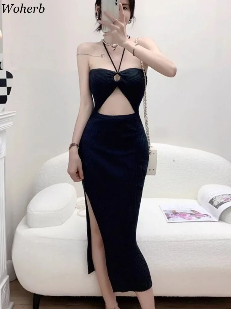 11 Colors Knitted Dresses Women Sexy Party Halter Sleeveless Robe 2024 Vestidos De Mujer Fashion Slim Hollow Out Summer Dress