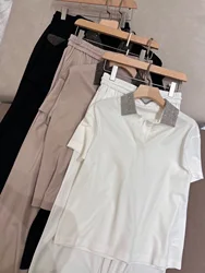 Estate BC pantalone da donna t-shirt manica corta Top + elasticità vita alta gamba dritta pantaloni gamba larga pantaloni 2 pezzi Set