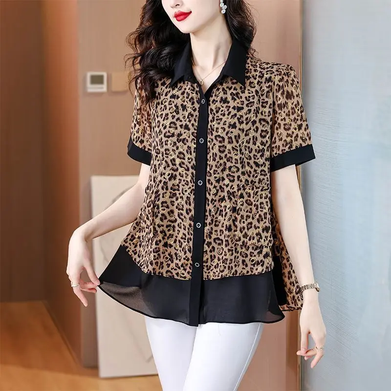 

Office Lady Short Sleeve Blouses Trend Leopard Ladies Shirts Summer Comfortable New Patchwork Tops 2024 Buttons Women's Clothing