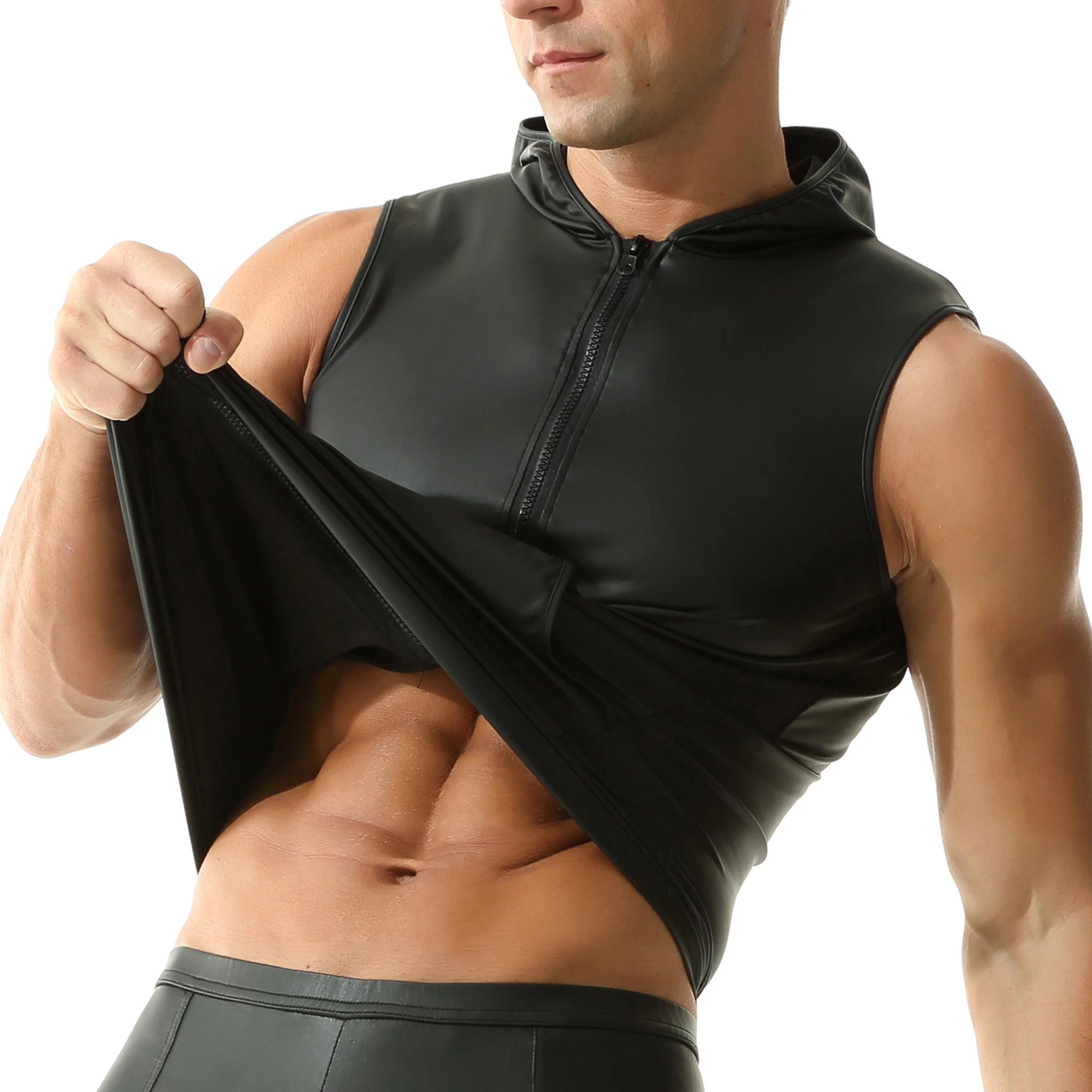 Men's Hooded Zipper Tank Tops Sexy Faux Leather Sleeveless T-shirts Vest Undershirts with Pockets Nightclub Slim Casual Singlets
