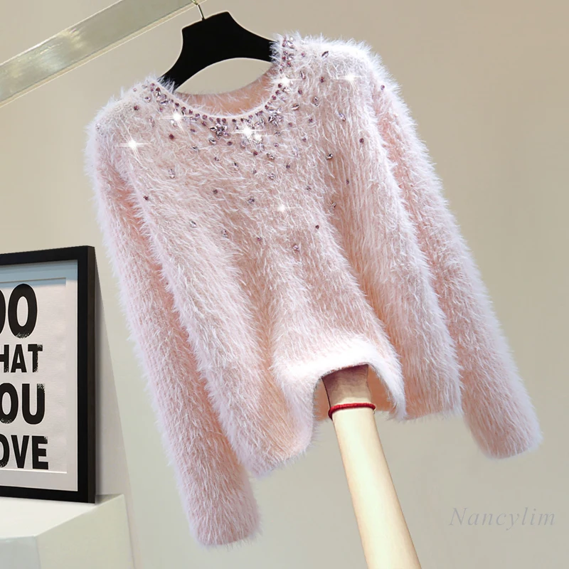 

Diamond-encrusted Mohair Long-sleeved Pullover Knitted Sweater Women 2024 Winter Short Crew Neck Pink Sweater Soft Knitwear