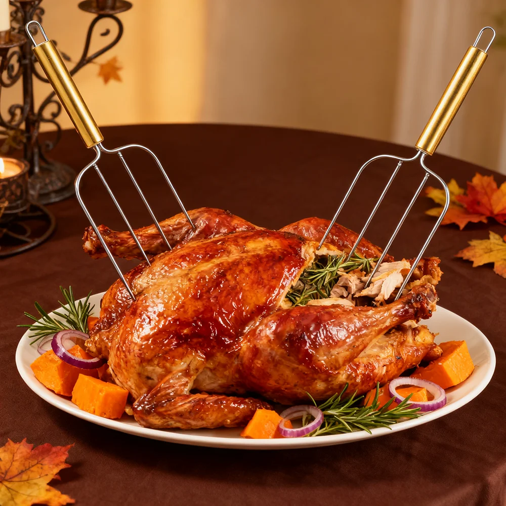 

2-Pack Heavy Duty Stainless Steel Meat Forks, 4-Prong BBQ Carving Fork for Roast & Grill, Turkey Fork for Thanksgiving Gathering