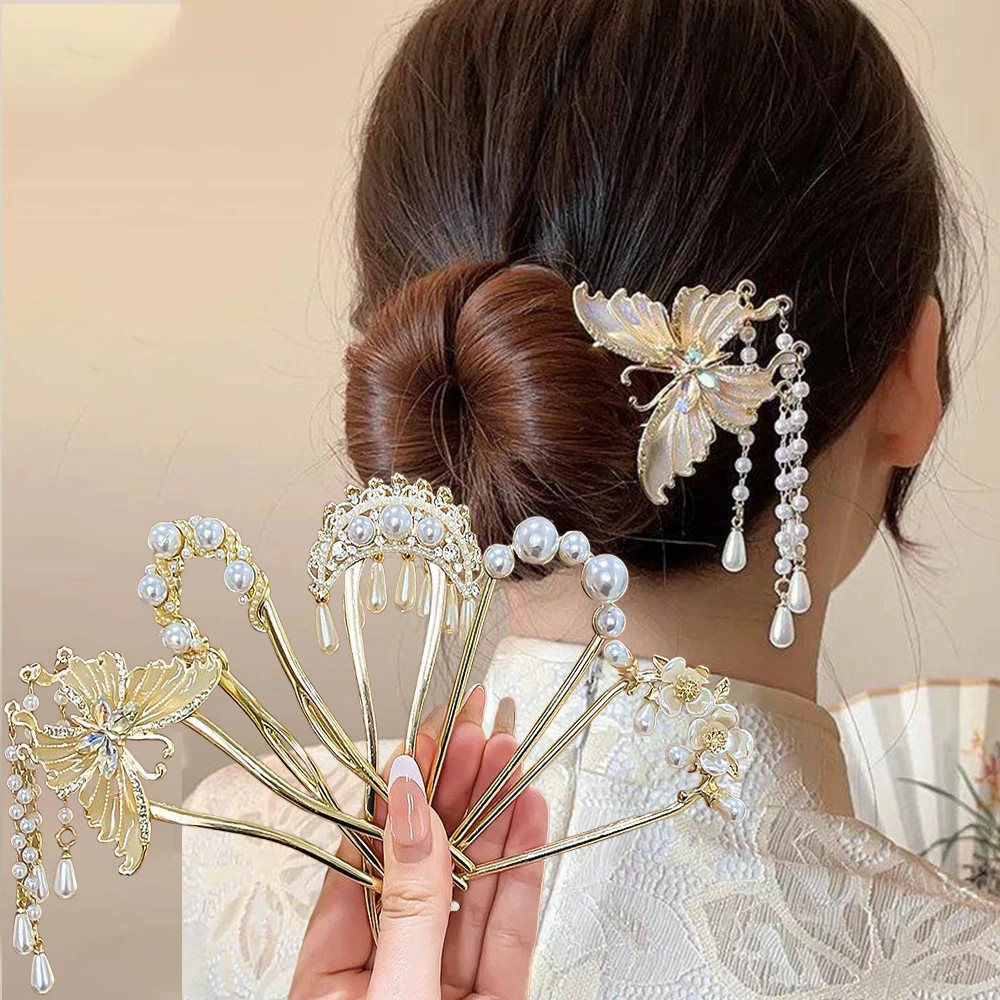 

5pcs Fashion Hair Accessories Metal U Shape Hair Fork Women Elegant Pearl Tassels Hair Sticks Butterfly Hairpin Female Headwear