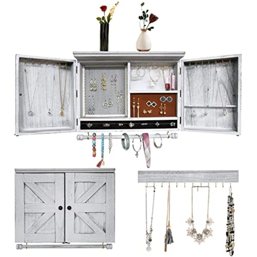 

Настенный органайзер для ювелирных изделий в деревенском стиле, деревянный декоративный держатель для украшений для ожерелья, серег, браслетов, колец, белый цвет