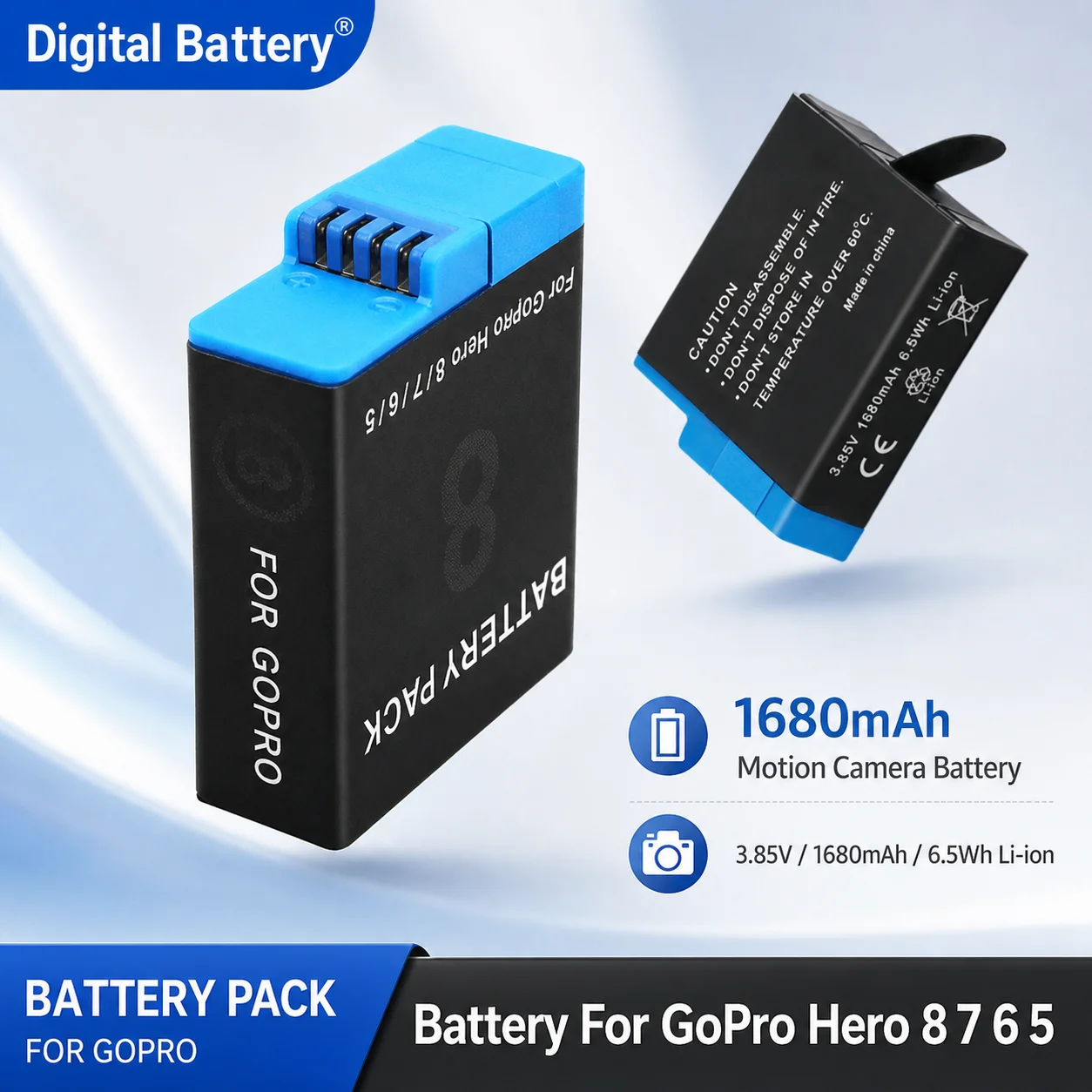 Image of 1680mAh Wiederaufladbarer Li-Ionen-Akku für GoPro Hero 8/7/6/5 Action-Kamera Ersatzakku Kompatibel mit Kameramodellen