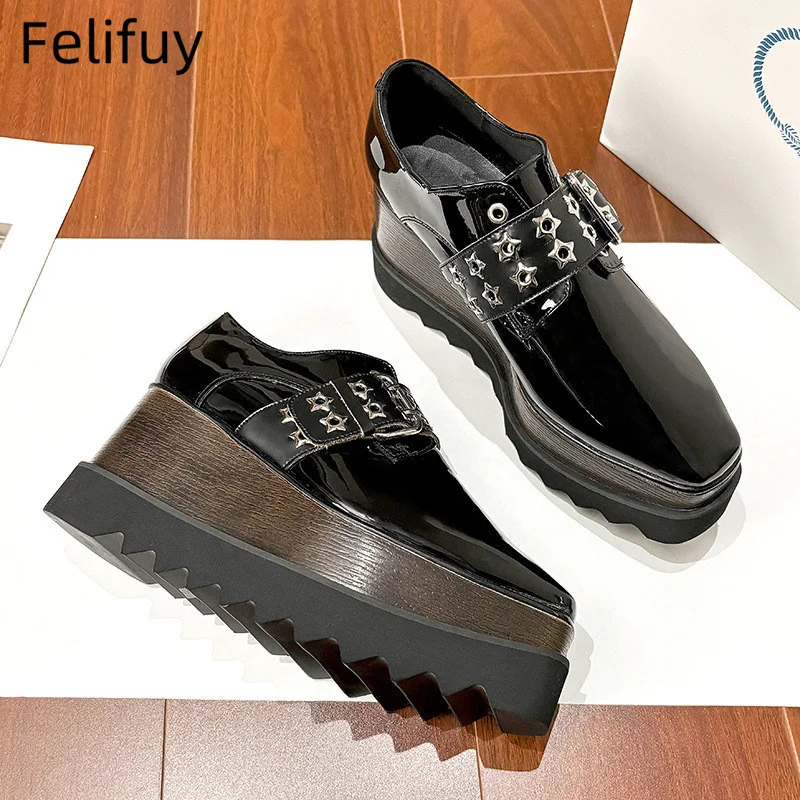 British Style Rivet Stars Women Shoes Buckle Strap 8cm Heel Platform Shoes Woman Thick Sole Casuals Real Leather Woman Sneakers