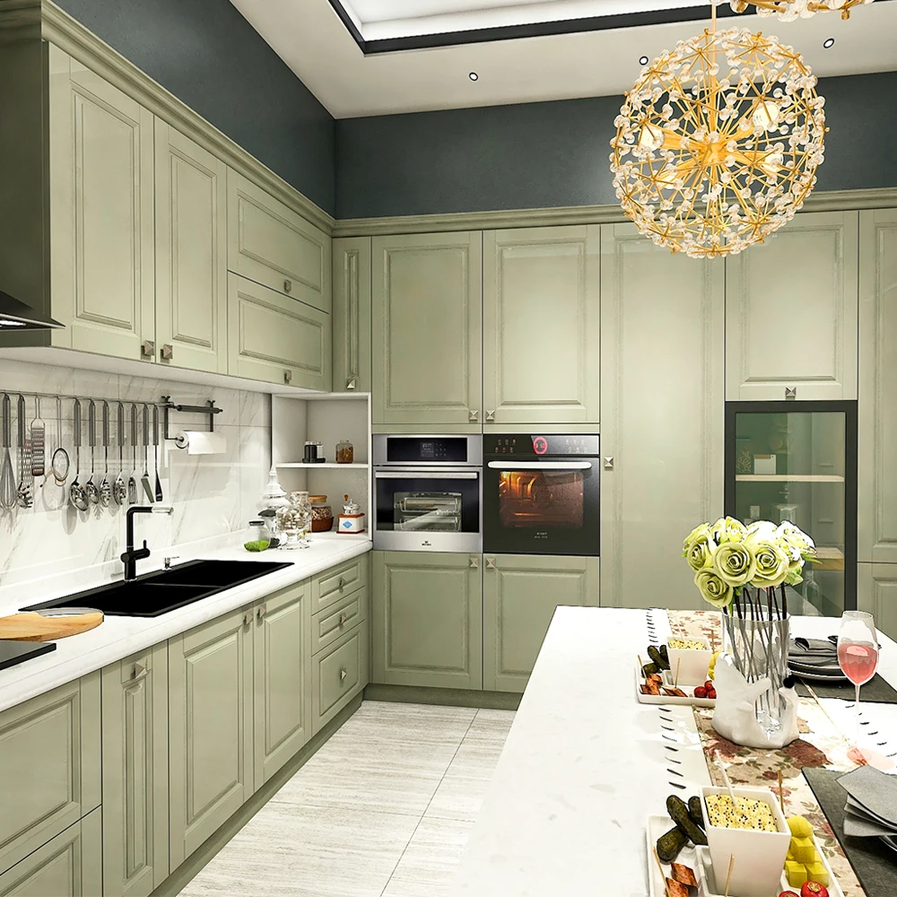 #Wholesale American Country Light Green Kitchen Cabinets, Modular Cream Green Shaker Style Kitchen