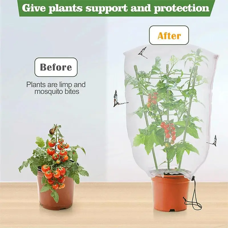 

Portable Potted Tomato Cage Anti-bird Netting Mesh For Climbing Plants With Tie Rope And 3 Drawstring Nets Plant Support Cage