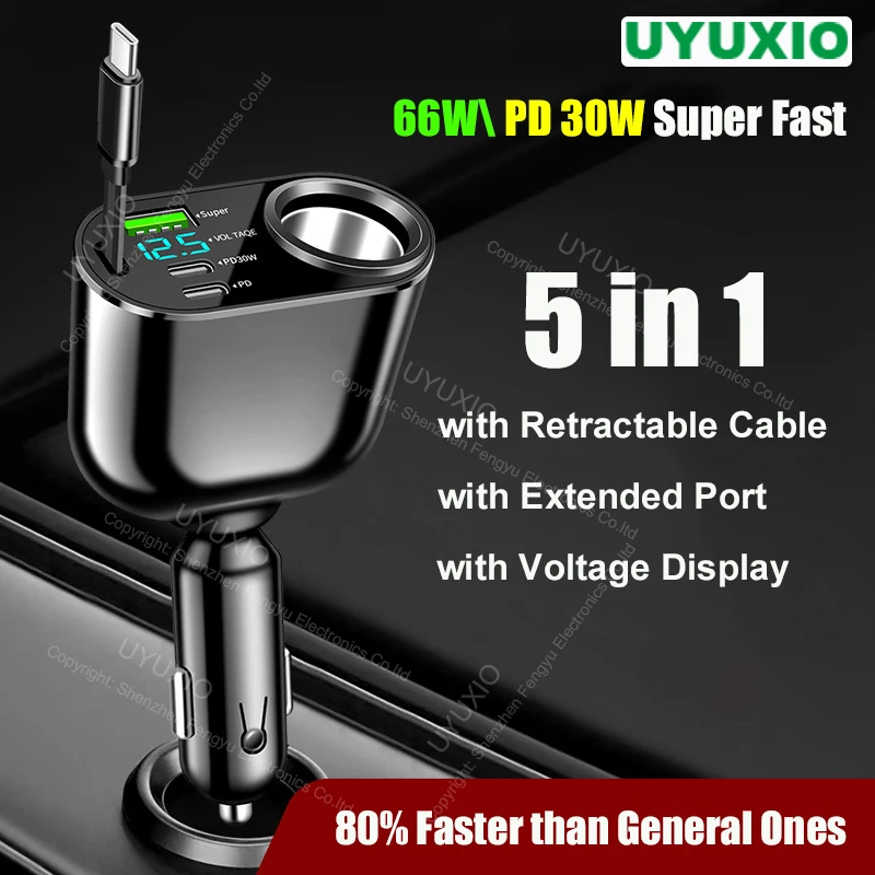 UYUXIO USB C Car Charger Adapter Dual PD 30W with Voltage Display Retractable Cable Multi Port Super Fast for iPhone 16 Samsung