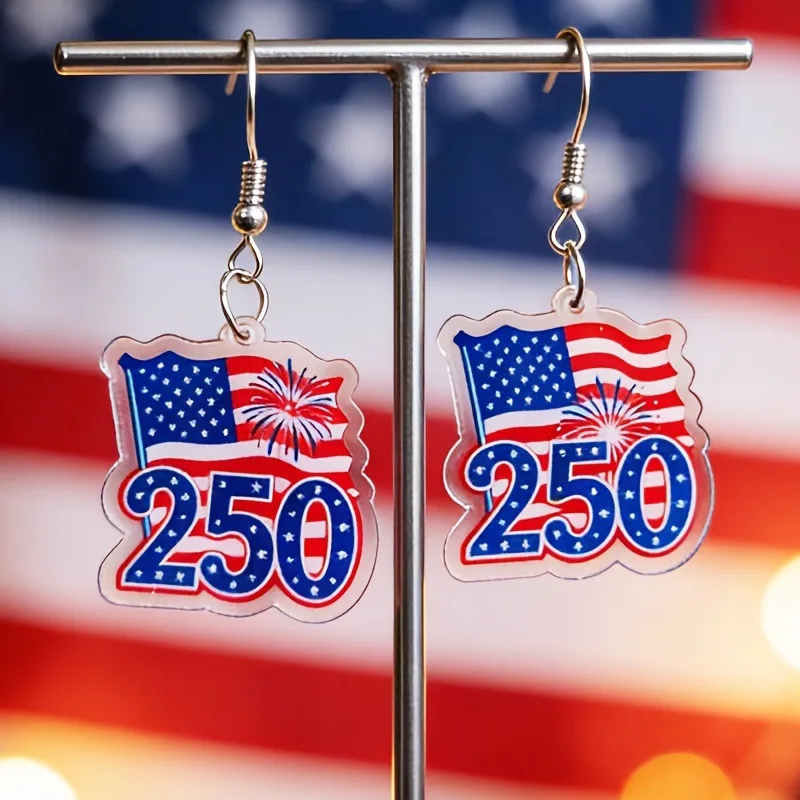 250th Anniversary Earrings of The United States 2D Double Sided Acrylic American Flag Shaped Earrings Independence Day Gift