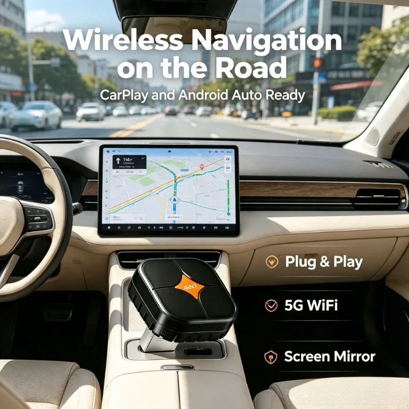 4-In-1 Wireless Vehicle Cast Adapter, 5G WiFi BT5.0 Plug&Play, CarPlay Android Auto Mirroring, OTA Upgrade For Dashboard Display