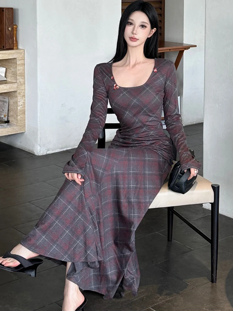 Frauen Blau Plaid Langarm Quadrat Kragen Maxi Kleid Herbst Winter Plissee Bodycon Prom Kleid 2025, Koreanische Vintage Luxus Kleid