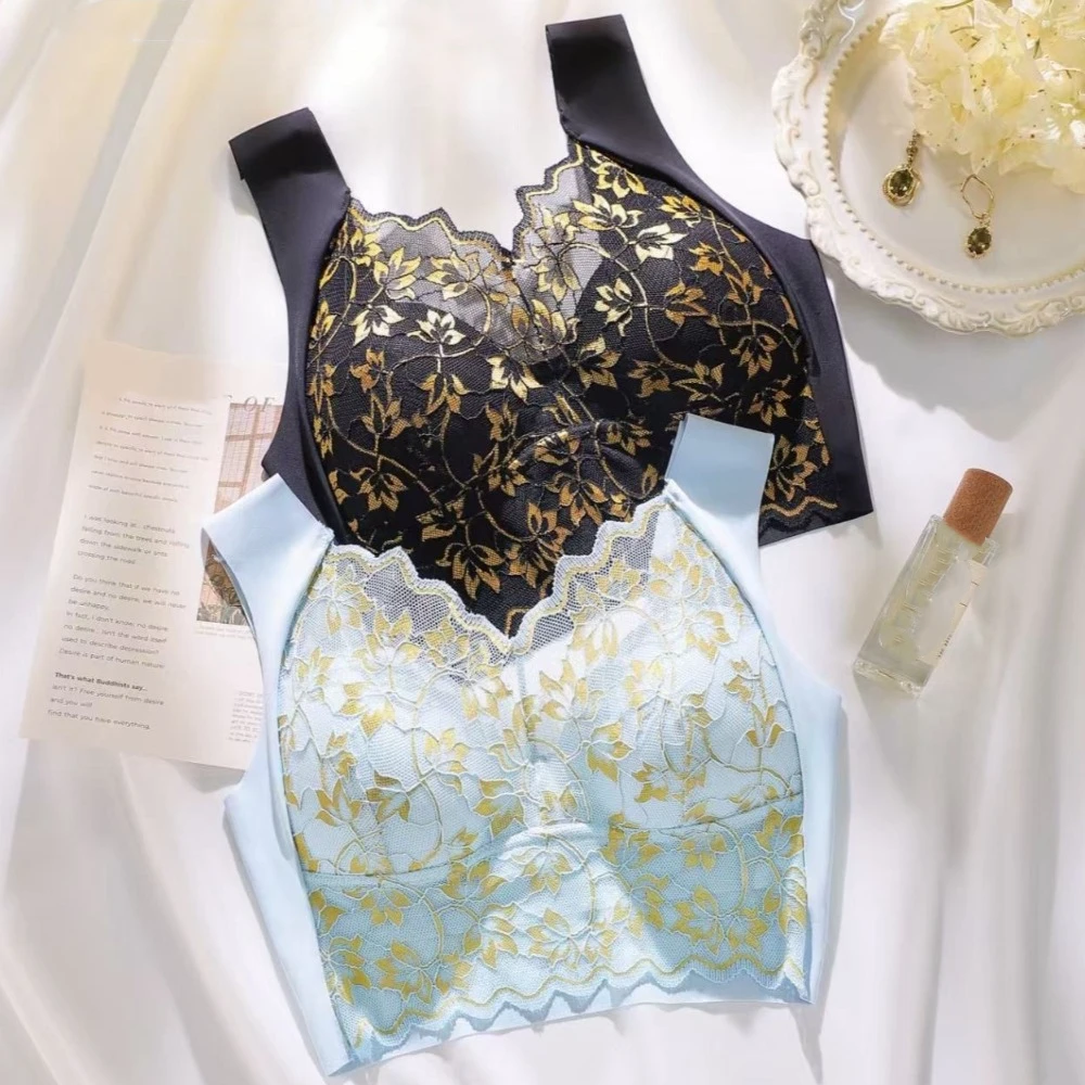 Mesh Flower Draadloze diepe V-bh Nauwsluitend schokbestendig push-up ondergoed Anti-verslapping Grote maat beha voor hardlopen voor dames