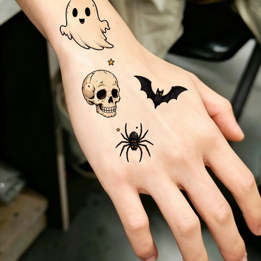 30 Stück wasserfeste temporäre Tattoos für Halloween-Party, Fledermaus, Kürbis, Totenkopf, Tattoo-Aufkleber für Frauen und Männer, Gesichts- und Körper-Make-up – Detail 2