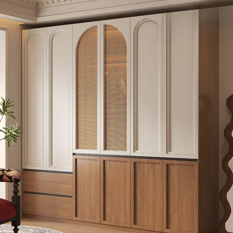 Medieval segmented solid wood rattan wardrobe one door to the top free handle modern simple desk
