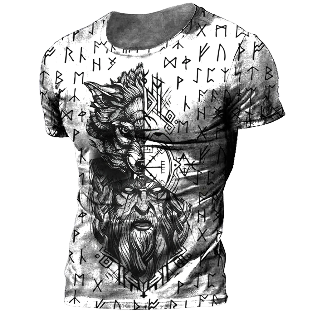 Summer Vintage Viking Tattoo Men T-shirt 3D Print Summer Viking Odin Crew Neck Loose Short Sleeve Casual Fashion Oversized Top