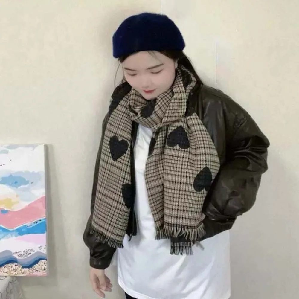Gift Acrylic Fibers Heart Knitted Scarf Soft Tartans Printed Double-sided Scarf Warmer Hijab Long Thickened Shawl Girls