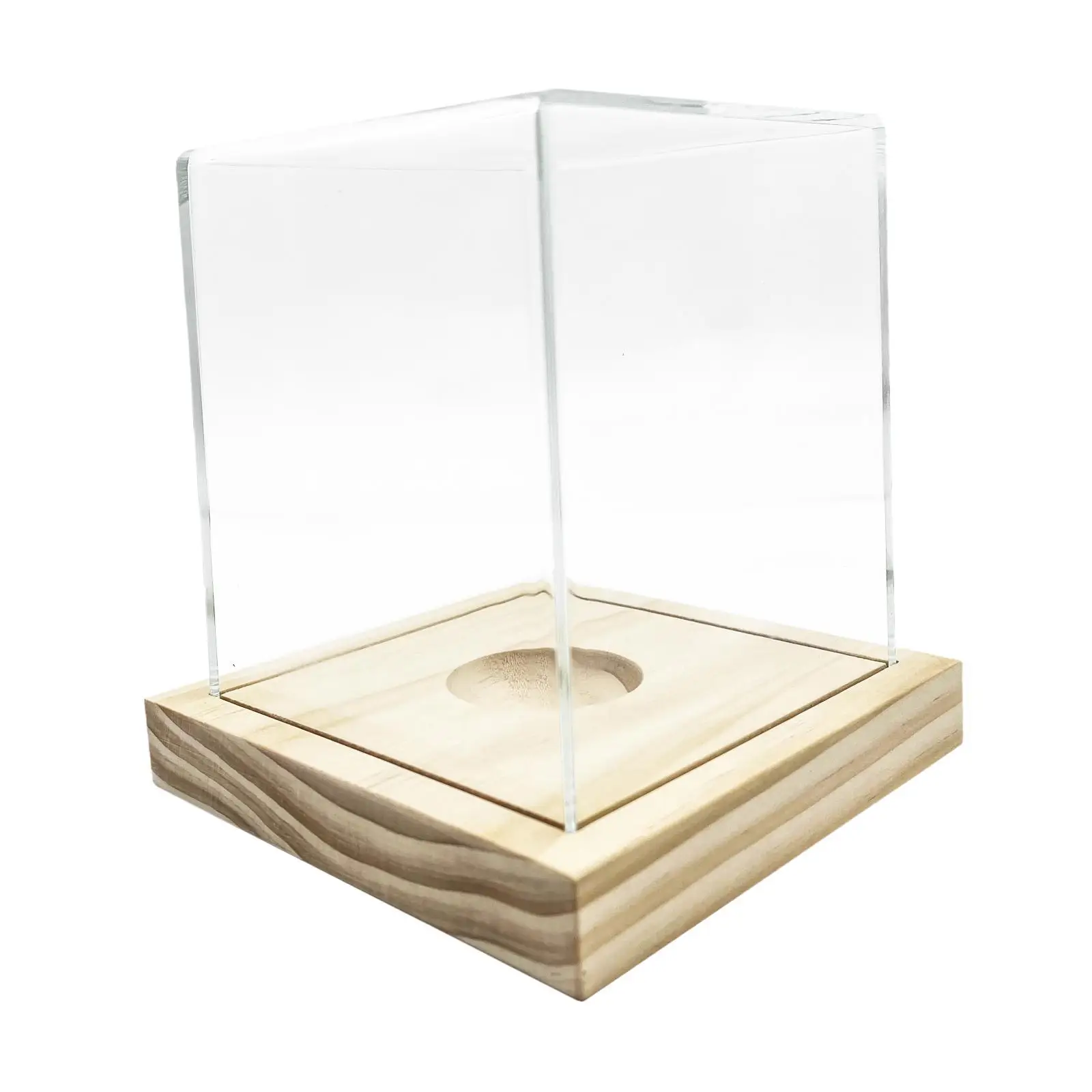 Vitrina de béisbol Base de madera cuadrada Cubo acrílico a prueba de polvo transparente para