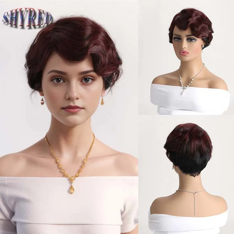 

Synthetic Short Black Mixed Wine Red Curly Wigs with Bangs Soft Mommy Hair Daily Use Short Wig Costume Party Wig for Women