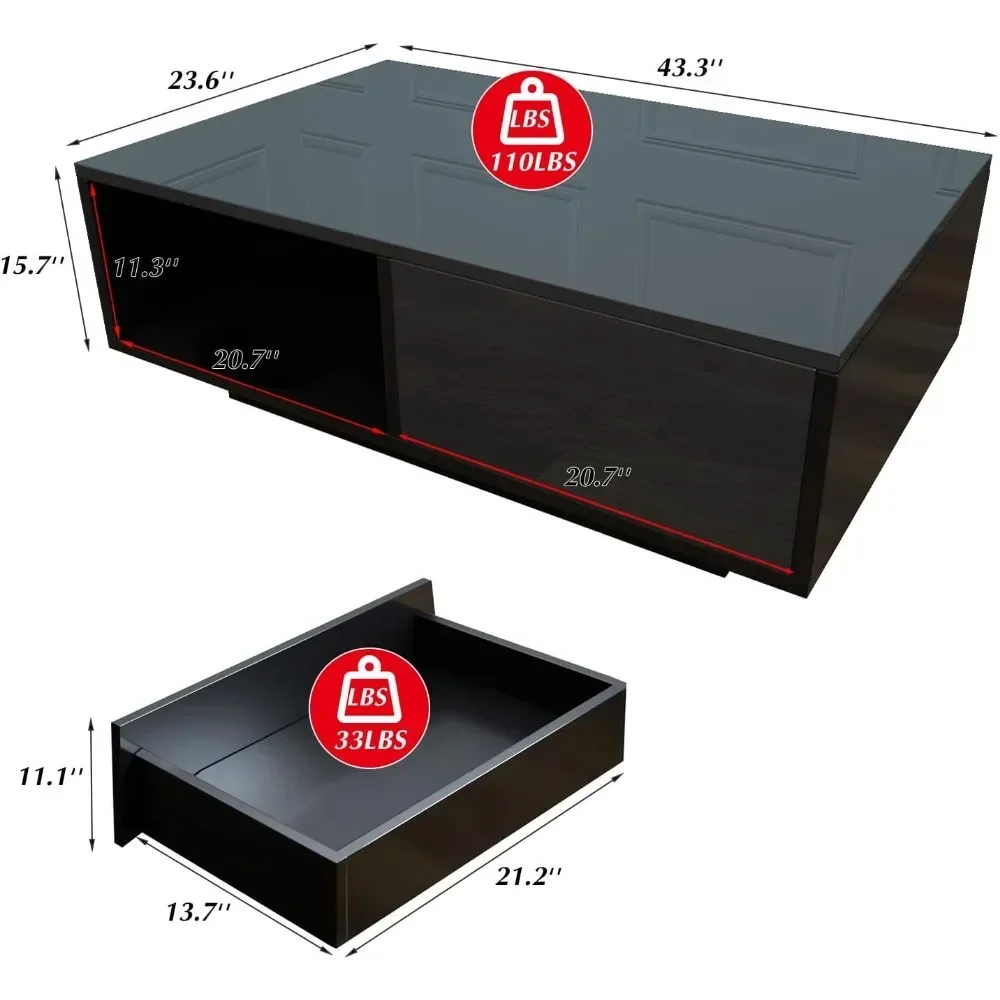 43.3IN LED Coffee Tables  with 16 Colors LED Lights Modern Coffee Table with Storage Drawer Rectangle Center Table