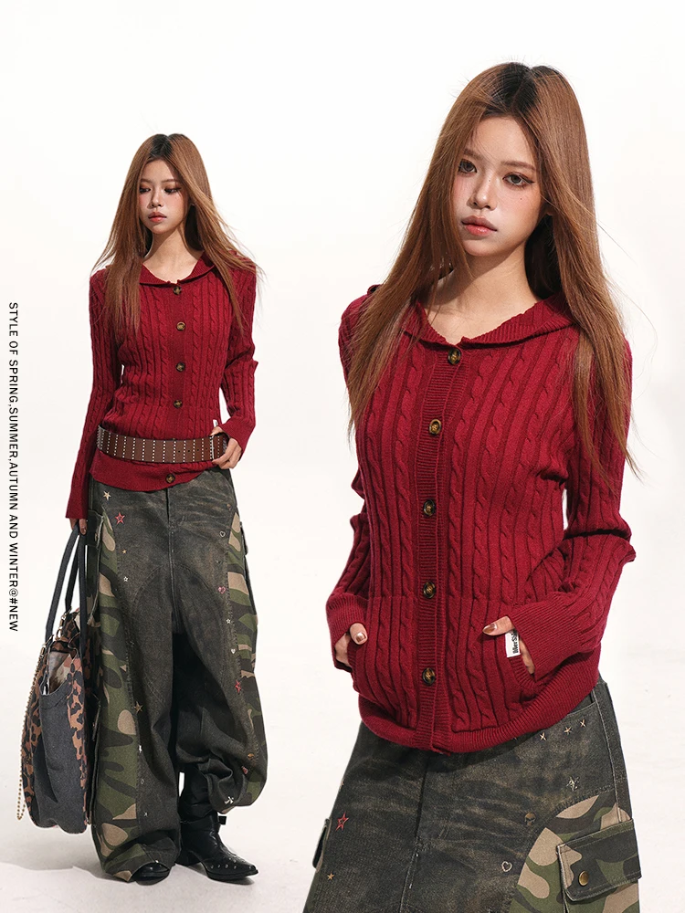 

Sle Wine Red Hooded Open Cardigan Women's Slim Fit Knitwear Twist Yarn Warm Casual Outerwear for Autumn Winter
