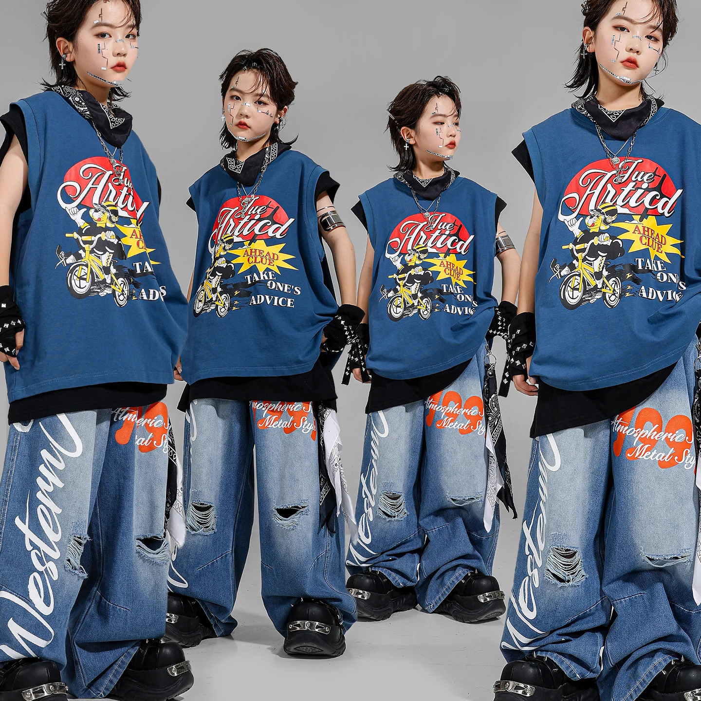 T-shirt per ragazzi Hip Hop Gilet blu Pantaloni Graffiti Ragazze K-pop Costume da ballo di strada Bambino Sala da ballo Streetwear Set di vestiti jazz per bambini