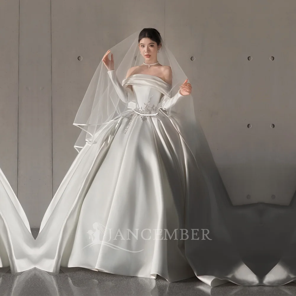 Elegant Ivory Satin Ball Gown Customized Wedding Dress Off The Shoulder Long Sleeves Limited Time Court Train Vestido De Novia