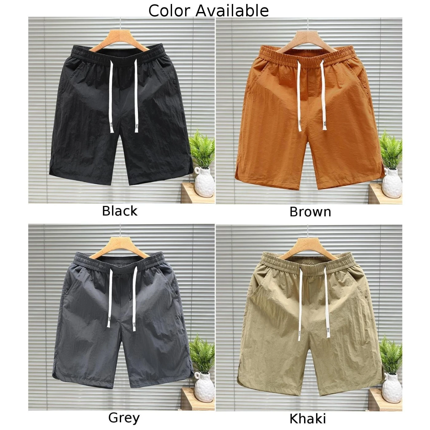 Casual Men\'s Shorts Drawstring Short Pants Light Weight Thin Quick-drying Waist Male Mens Non Stretch Solid Color