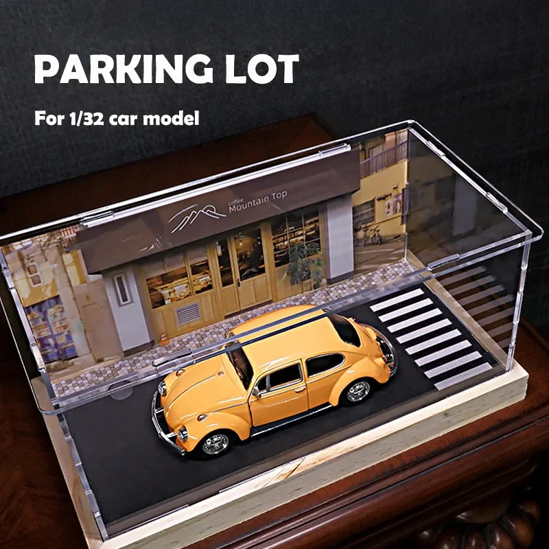 1/32 1/36 Scale Toy Car Street View Garage Scene Acrylic Dust Box Acrylic and Wood Parking Lot Model forDisplay Box Ornament