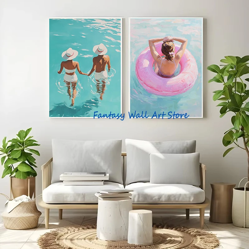 Minimalist Tiny People Swimming in Ocean Summer Scuba Diver Beach Pool Swimming Poster Canvas Painting Wall Pictures Home Decor