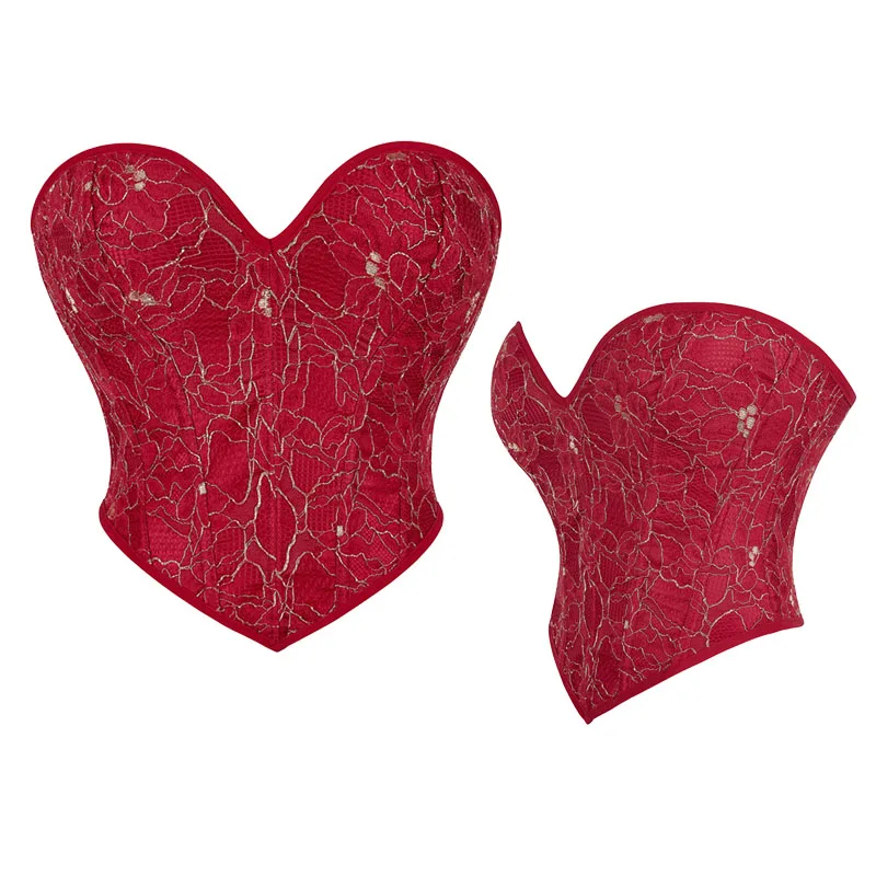 Corset bustier bustier sans bretelles pour femme, vêtements en saillie pour patients rouges, gaze rouge foncé avec broderie dorée, vêtements de mariage