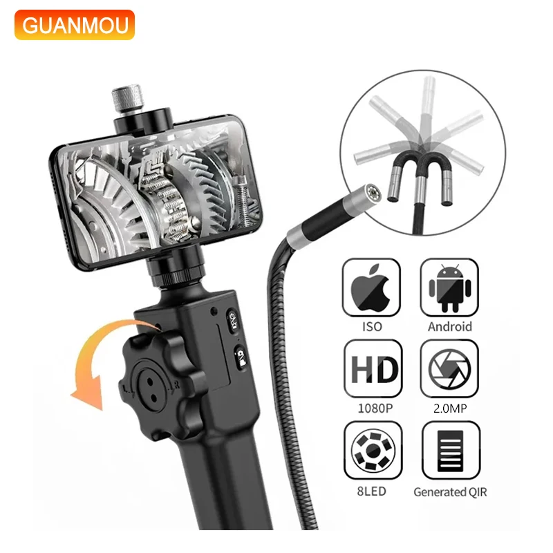 Two-Way Articulating Endoscope 180 Degrees Steering Industrial Endoscope With 6.2mm/8.5mm Diameter Probe For iPhone Android