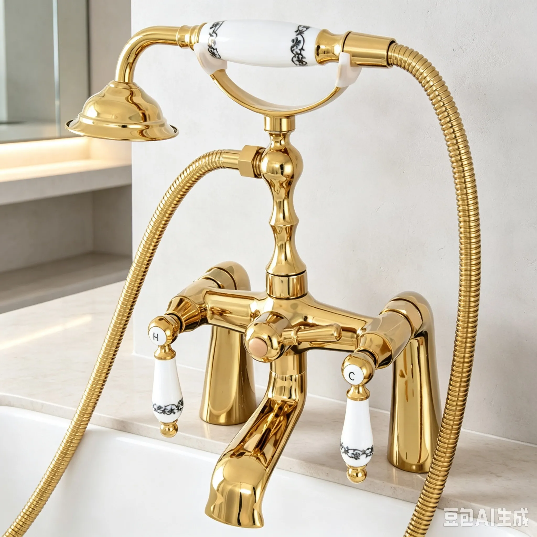 Gold Color Brass Telephone Bathtub Faucet Mixer Tap w/ Hand Shower Bath Shower Tub Faucet Dual Handles Ntf779