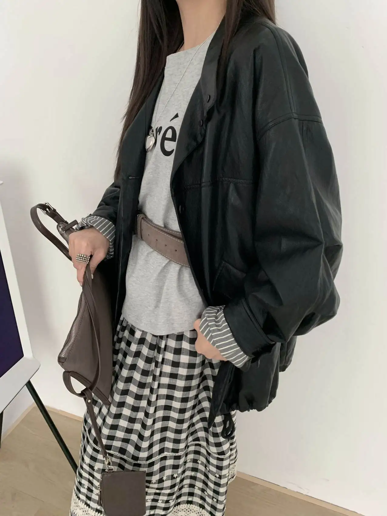 Vêtement d'extérieur polyvalent en cuir synthétique pour femme, coupe ample, col montant, patchwork, style coréen, haut d'automne H908