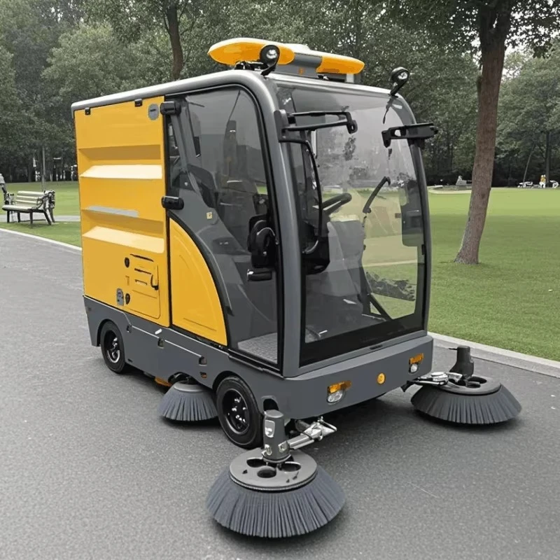 Compact Electric Street Sweeper Large Ride-On Vacuum High Pressure Washer Enclosed Cab New Industrial Brushes 48v Floor Sweeper