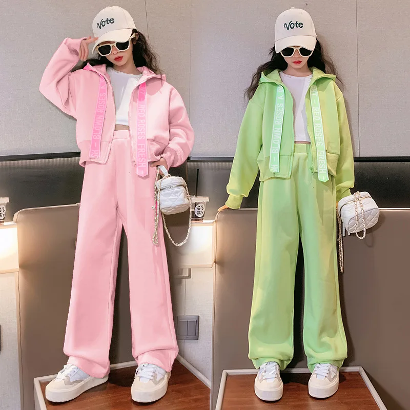 

Spring Autumn Girls Cotton Plain Hooded Zip Sweat Jacket+Loose Sweatpant Set School Kids Tracksuit Child Jogger Outfit 5-16Years